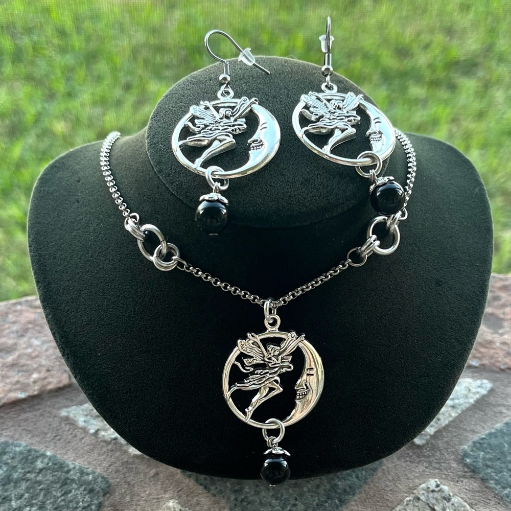 Set ! Fairy & moon dangly onyx gemstones beads necklace + matching earrings boho - Picture 11 of 12